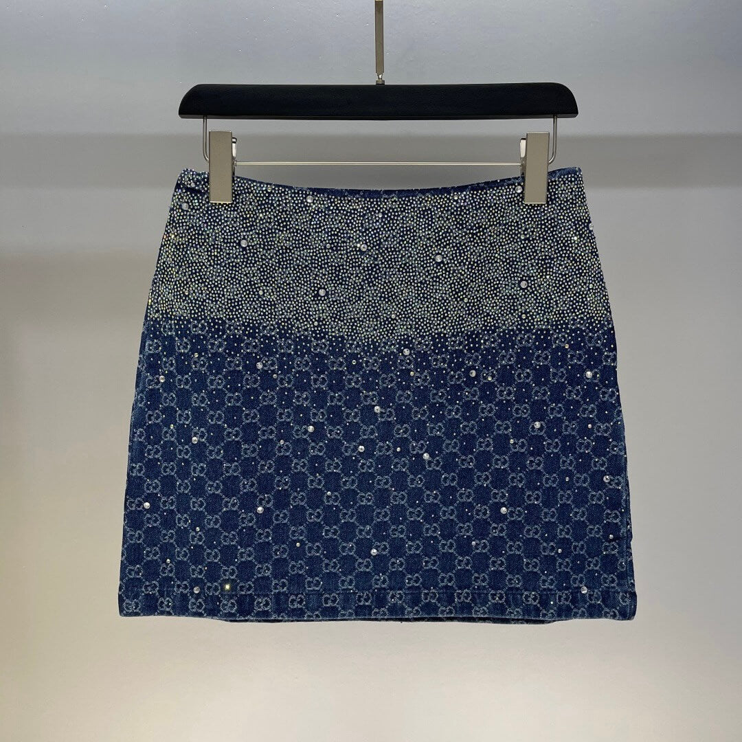 Diamond-Encrusted Denim Pocket T-Shirt & Full-Diamond Denim Skirt Set