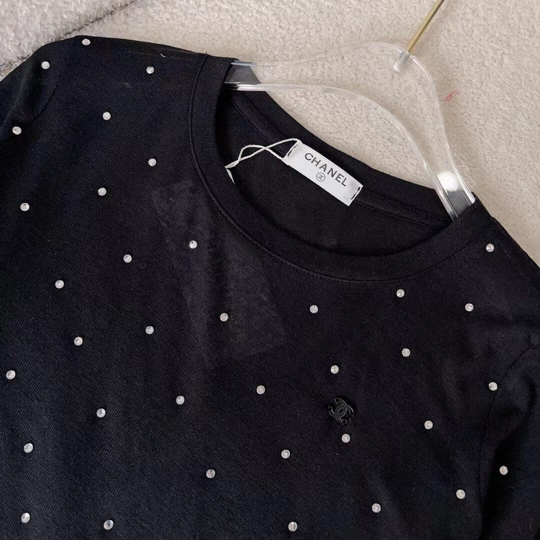 Rhinestone Polka Dot Tulle Crew Neck Top