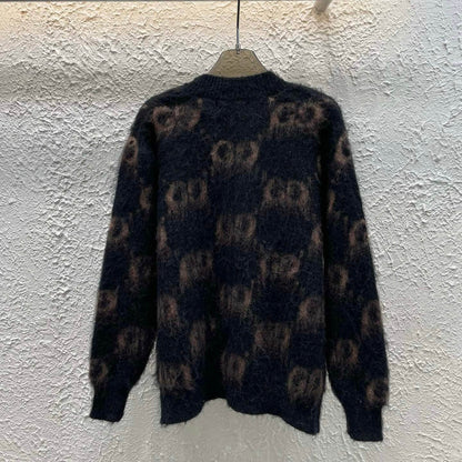 Brown Letter Jacquard Cardigan Sweater