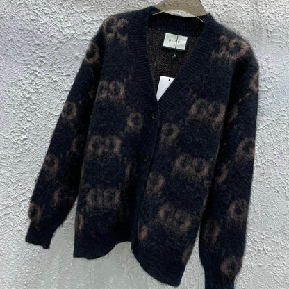 Brown Letter Jacquard Cardigan Sweater