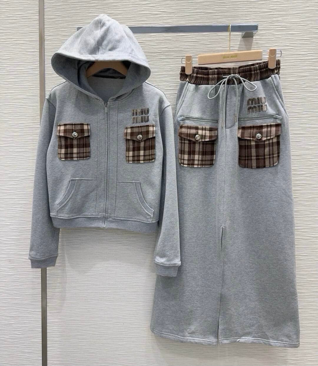 Plaid Pocket Stitching Sweatshirt Jacket Skirt Set