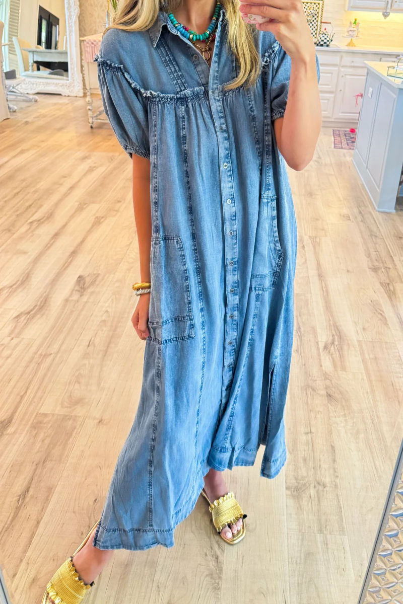 Denim Puff Sleeve Button Down Maxi Dress