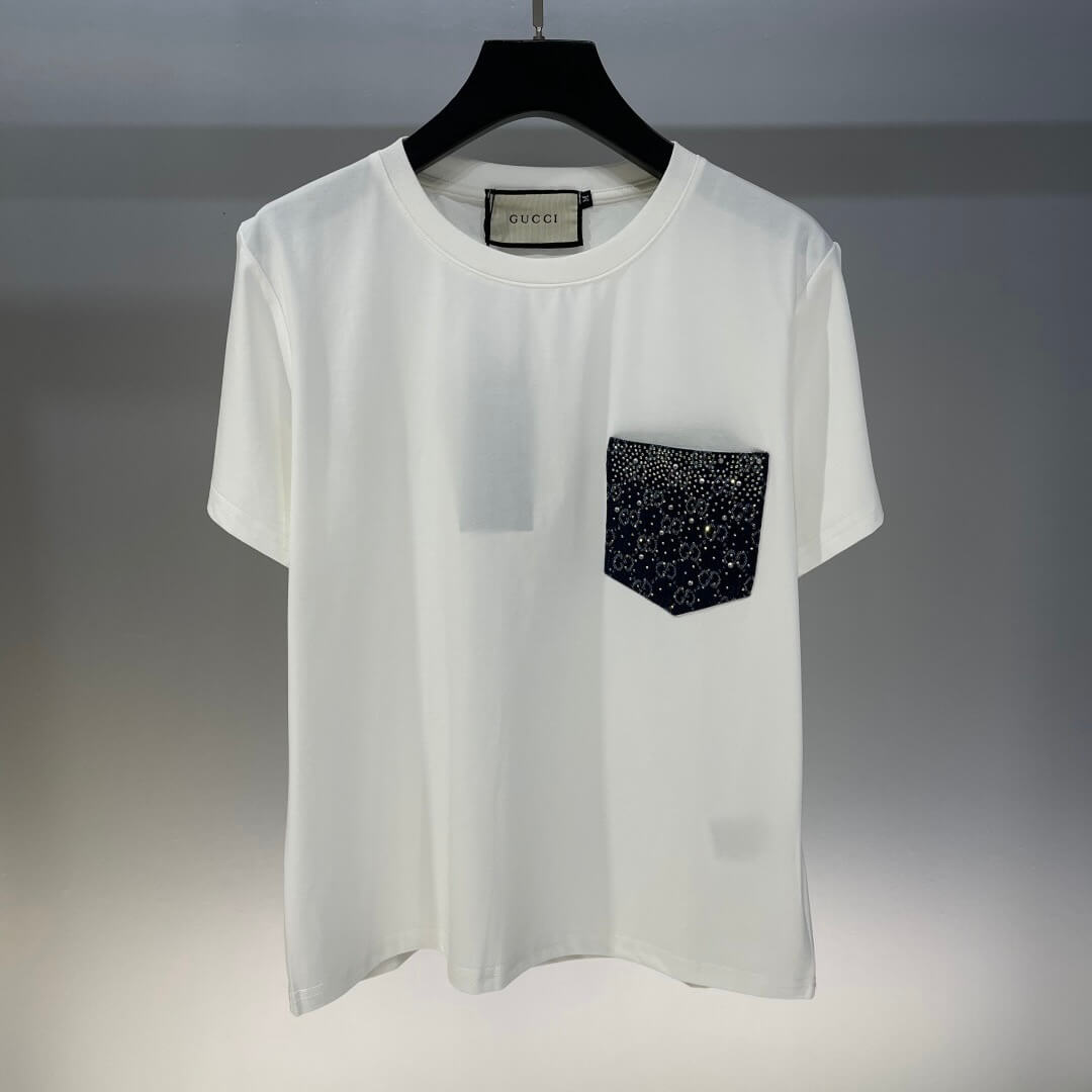 Diamond-Encrusted Denim Pocket T-Shirt & Full-Diamond Denim Skirt Set