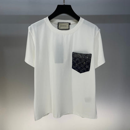 Diamond-Encrusted Denim Pocket T-Shirt & Full-Diamond Denim Skirt Set