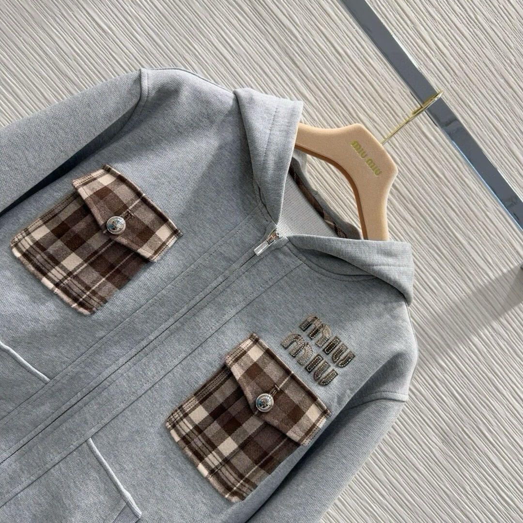 Plaid Pocket Stitching Sweatshirt Jacket Skirt Set