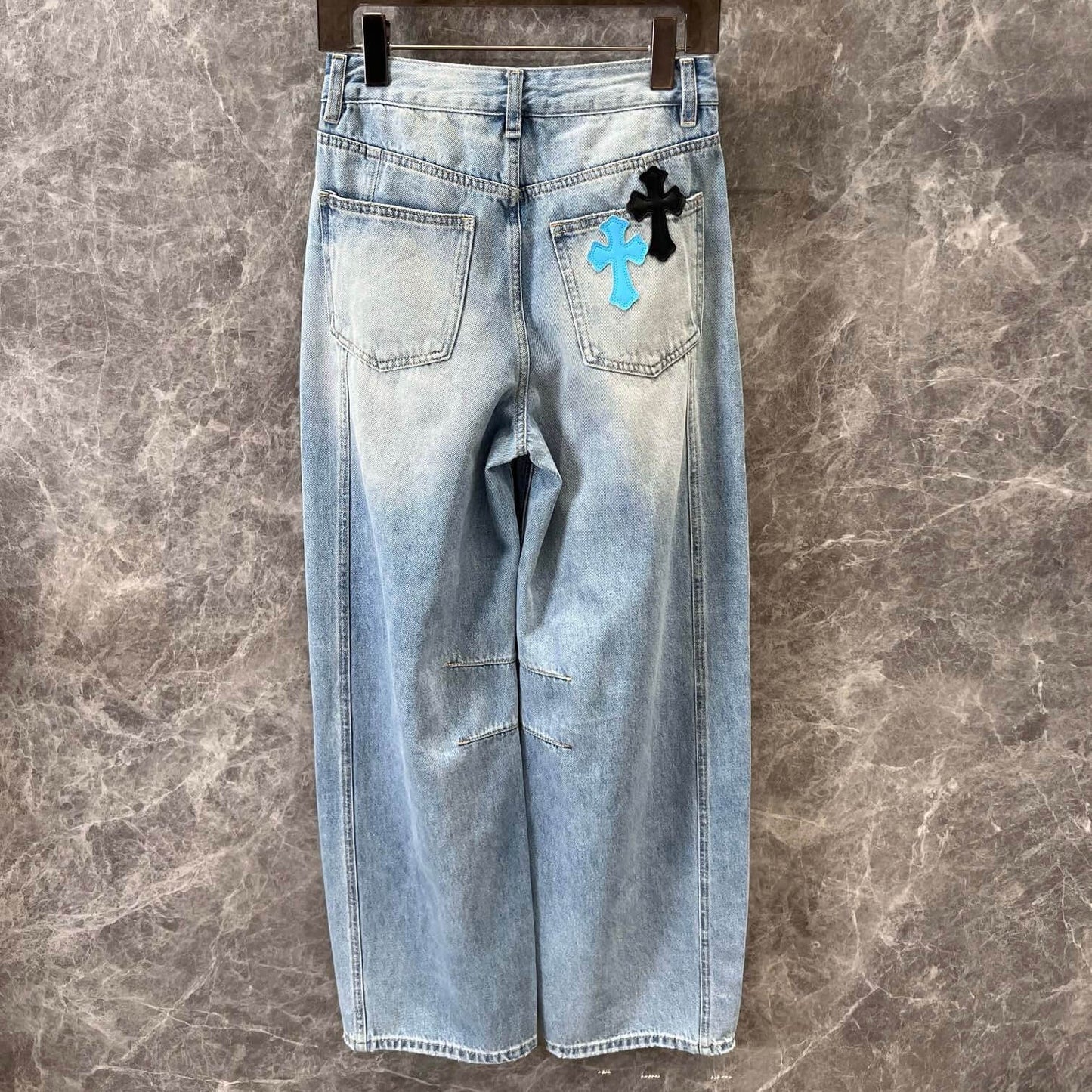 Cross Leather-Patch Washed Denim Jeans