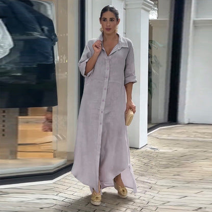 Lapel cotton and linen loose long skirt