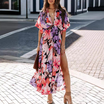 sexy high waist fashion printed slit dress female